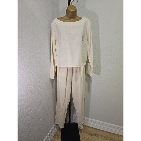 Ivory Cotton Blend Top Pants Set Womens Lg Cream Twill Long Sleeve Quiet Luxury - Picture 12 of 14